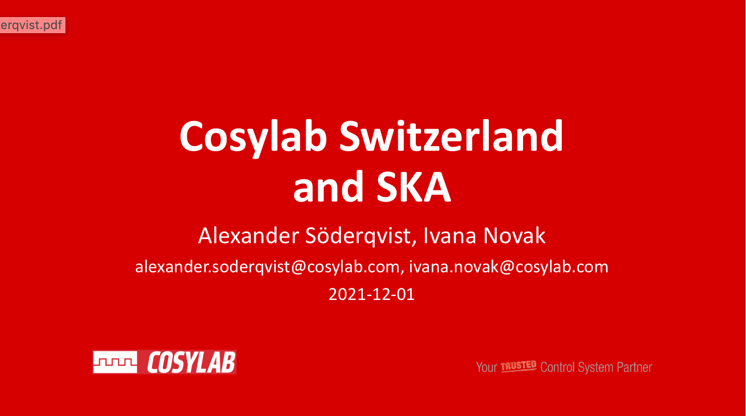 Cover image of Cosylab's presentation at the Swiss SKA kick-off meeting